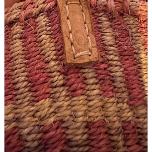 Vintage Woven Sisal Market Tote Bucket Bag Leather Straps Round Striped Boho - Picture 7 of 13